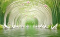 A 3D image of swans and fish, with a river running through a tunnel. 3D photo wallpapers and a mural on the wall Royalty Free Stock Photo