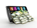 Touchscreen smartphone with pile of euros. Image with clipping path.