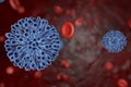 3D Image of a virus against a background of red blood cells. 3D rendering of virus and bacteria in infected blood Royalty Free Stock Photo