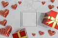 3D image , White frame of gift box and hearts on marble background . Concept valentine day , wedding Royalty Free Stock Photo