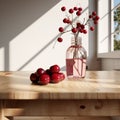 Romantic Vase Of Red Cherries On Wooden Table - Vray Tracing