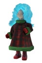 3D image of a wooden doll with blue hair in a coat and rubber boots