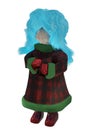 3D image of a wooden doll with blue hair in a coat and rubber boots