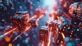 A 3D imagery of a blockchain, representing data blocks linked in digital chain with connections