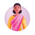3D Indian woman avatar in sari, vector cartoon female character face, professional business lady.
