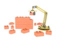 3d industrial robotic mechanical arm building brick wall illustration white background