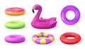 3d inflatable swimming rings designs, doughnut and pink flamingo. Realistic pool rubber circle top and side view. Swim Royalty Free Stock Photo