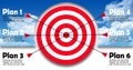 Business targets focus on strategic objectives. Vector illustration of an arrow hitting the target. success in planning towards th