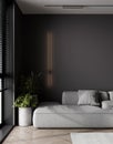 3d interior of a dark grey home living room with grey lounge sofas, plant and wall lamp, 3d illustration