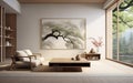 3d interior of a Japanese-style living room a minimalistic design with natural elements Royalty Free Stock Photo