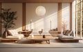 3d interior of a Japanese-style living room a minimalistic design with natural elements Royalty Free Stock Photo