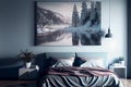 3d interior modern trendy bedroom in the morning cold shades and blue-gray colors. A painting with a winter forest landscape on Royalty Free Stock Photo