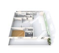 3d interior rendering of empty paper model apartment with pavement materials