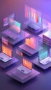 3D Isometric Abstract Data Analytics Network with Floating Laptops and Holographic Charts Royalty Free Stock Photo