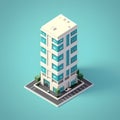 3d isometric apartment building on blue background. Vector illustration.