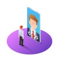 3d isometric businessman having video call with boss on smartphone