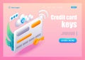 3D Isometric, cartoon. Credit card keys. Credit card security concept. Trending Landing Page Royalty Free Stock Photo