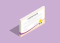 3d isometric certificate flat with violet background