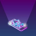 3D isometric city on the smartphone display. Smart futuristic city concept. Mobile phone and city