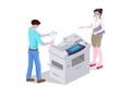 3d isometric composition man and a woman in the office print and copy the files on the printer.