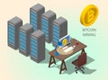 3d isometric computer online mining bitcoin concept. Golden coin Bitcoin symbol Royalty Free Stock Photo