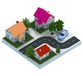 3d isometric conecpt of a small tawn street.