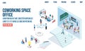 3D isometric Coworking space concept with people working or study on laptops in co-working area for business startup, freelancers