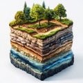 3D Isometric Cross Section of Earth's Layers with Forest on Top. Generative ai