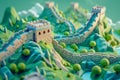 3D isometric diorama representation of the Great Wall of China, featuring its massive fortifications, watchtowers, and rugged