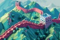 3D isometric diorama representation of the Great Wall of China, featuring its massive fortifications, watchtowers, and rugged