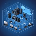 3D Isometric Doodle Computer Network Illustration