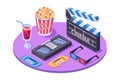 3d isometric equipment with ticket, pop corn, stereo glasses, soda, cassette.