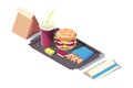 3d isometric fast food of soda, burger, french fries on tray. Royalty Free Stock Photo