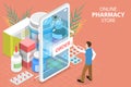 3D Isometric Flat Vector Concept of Online Pharmacy Store, Medicine Ordering Mobile App.