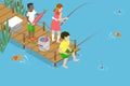 3D Isometric Flat Vector Conceptual Illustration of Children Fishermen