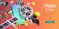 3D Isometric Flat Vector Conceptual Illustration of Mobile Video Editing App. Royalty Free Stock Photo