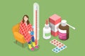 3D Isometric Flat Vector Conceptual Illustration of Sad Sick Woman Having a Cold