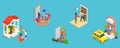 3D Isometric Flat Vector Conceptual Illustration of Set Of People Leaving Home