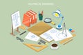 3D Isometric Flat Vector Conceptual Illustration of Technical Project Drawing