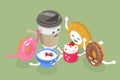 3D Isometric Flat Vector Illustration of Cute Morning Emoji Drink And Desserts