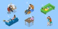 3D Isometric Flat Vector Illustration of Exhausted and Sleepy People Royalty Free Stock Photo