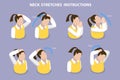 3D Isometric Flat Vector Illustration of Neck Stretches Instructions