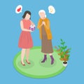 3D Isometric Flat Vector Illustration of Present To Elderly Mother