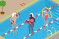 3D Isometric Flat Vector Illustration of Seniors Swimming in a Pool