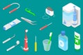 3D Isometric Flat Vector Illustration of Tooth Cleaning Tools Royalty Free Stock Photo