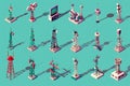 A 3D isometric flat vector set featuring various telecom towers, communication concept