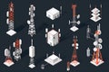 A 3D isometric flat vector set featuring various telecom towers, communication concept
