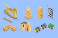 3D Isometric Flat Vector Set of Montessori Wood Toys