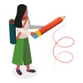 3D Isometric Flat Vector Set of Students Holding Giant Pencil. Item 2