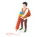 3D Isometric Flat Vector Set of Students Holding Giant Pencil. Item 1